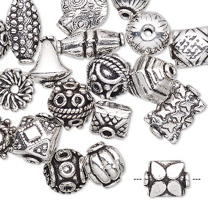 Bead and bead cap, antique silver-plated copper, 8x5mm-15x10mm assorted shape. Sold per pkg of 20.