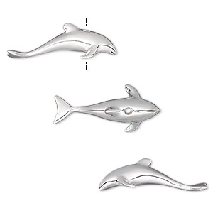 Bead, silver-plated brass, 22x6.5mm vertically-drilled 3D dolphin. Sold individually.