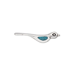 Bead, turquoise (dyed / stabilized) and antiqued sterling silver, blue, 26.5x6mm bird. Sold individually.