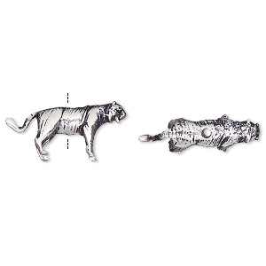Bead, antique silver-plated brass, 20x9mm vertically-drilled 3D tiger. Sold individually.
