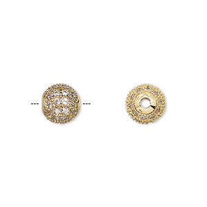 Bead, cubic zirconia and gold-finished brass, clear, 8mm textured round ...