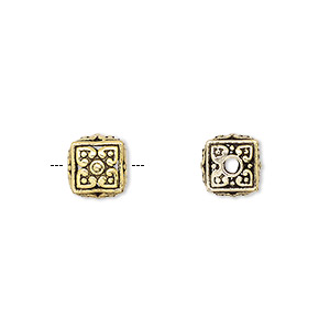 Bead, gold-finished brass, 8mm cube with flower design. Sold per pkg of 2.