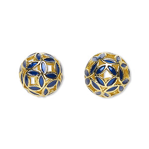 Bead, gold-finished brass and enamel, blue, 13mm round with cutout leaves design and 6 holes. Sold individually.