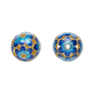 Bead, gold-finished brass and enamel, dark blue and teal, 13.5mm round filigree and flower cutout design with 6 holes. Sold individually.