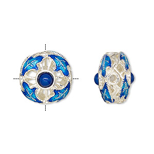 Bead, silver-finished brass / resin / enamel, light blue and blue, 15mm cross-drilled puffed flat round with filigree and cutout flower and leaves design. Sold individually.