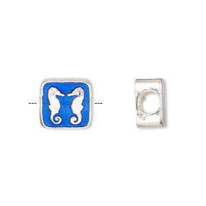 Bead, silver-finished brass and enamel, blue, 11x10mm rectangle with seahorse. Sold individually.