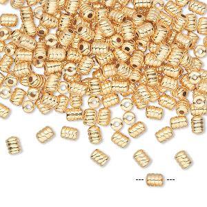 Bead, gold-plated brass, 4x3mm ribbed tube. Sold per pkg of 100.