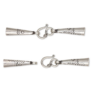 Clasp, Hill Tribes, hook-and-eye, antiqued fine silver, 59x7mm with 2 glue-in cones, 5.5mm inside diameter. Sold individually.