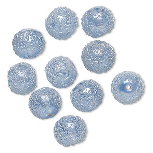 Bead, lampworked glass, translucent aqua blue, 12mm textured round. Sold per pkg of 10.