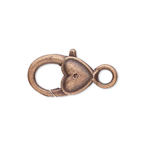 Clasp, lobster claw, antique copper-plated &quot;pewter&quot; (zinc-based alloy), 21x12.5mm with double-sided smooth heart design. Sold per pkg of 6.