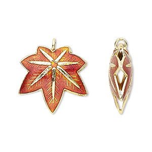 Charm, cloisonn&#233;, enamel and gold-finished copper, red, 20x20mm double-sided maple leaf. Sold per pkg of 4.