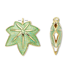 Charm, cloisonn&#233;, enamel and gold-finished copper, green, 20x20mm double-sided maple leaf. Sold per pkg of 4.