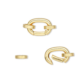 Clasp, self-closing hook, gold-plated brass, 14x10mm with (2) 7x6mm oval jump rings. Sold per pkg of 2.