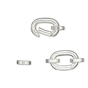 Clasp, self-closing hook, silver-plated brass, 14x10mm with (2) 7x6mm oval jump rings. Sold per pkg of 2.