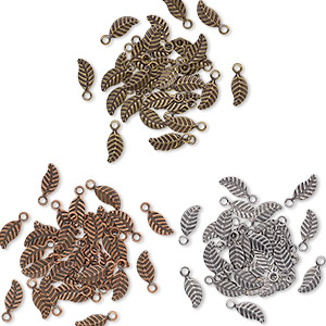 Charm mix, antique silver- / brass- / copper-plated brass, 7x3.5mm double-sided leaf. Sold per pkg of 100.
