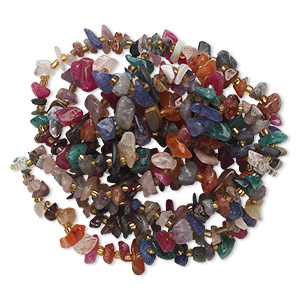 Bead, multi-gemstone (natural / dyed) and glass, multicolored, small chip, Mohs hardness 3 to 7. Sold per 36-inch strand.