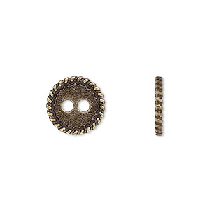 Button, antiqued brass-finished &quot;pewter&quot; (zinc-based alloy), 12.5mm double-sided flat round with rope edge. Sold per pkg of 50.