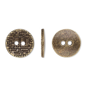 Button, antiqued brass-finished &quot;pewter&quot; (zinc-based alloy), 15mm single-sided flat round with geometric design. Sold per pkg of 20.