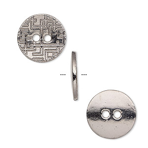 Button, gunmetal-plated &quot;pewter&quot; (zinc-based alloy), 15mm single-sided flat round with geometric design. Sold per pkg of 20.