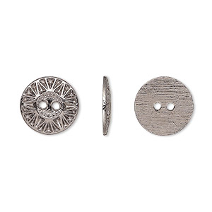 Button, gunmetal-finished &quot;pewter&quot; (zinc-based alloy), 12.5mm single-sided flat round with sunburst design. Sold per pkg of 50.