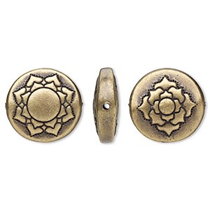 Bead, TierraCast&reg;, &quot;Soulful Spirit&quot; collection, antique brass-plated pewter (tin-based alloy), 14mm two-sided flat round with lotus design. Sold per pkg of 2.