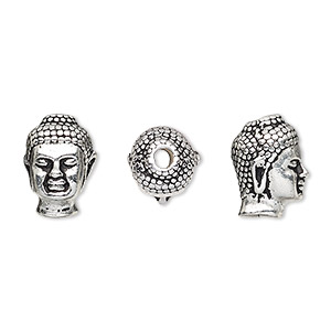 Bead, TierraCast&reg;, antique silver-plated pewter (tin-based alloy), 13.5x9.5mm 3D Buddha head. Sold per pkg of 2.