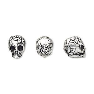 Bead, TierraCast&reg;, antique silver-plated pewter (tin-based alloy), 10x8mm 3D skull with rose and leaf design. Sold per pkg of 2.