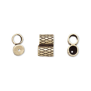 Clasp, JBB Findings, slide, antiqued brass, 11x7.5mm textured double-round tube, fits 4mm cord. Sold per 2-piece set.