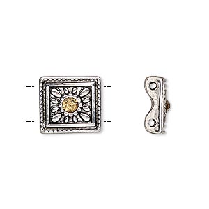 Spacer, glass rhinestone and antique silver-finished &quot;pewter&quot; (zinc-based alloy), light brown, 13x12mm single-sided 2-strand square with flower design, fits up to 5mm bead. Sold per pkg of 4.