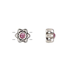 Spacer, glass rhinestone and antique silver-finished &quot;pewter&quot; (zinc-based alloy), pink, 8x8mm single-sided 2-strand flower, fits up to 5mm bead. Sold per pkg of 6.