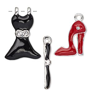 Charm, glass rhinestone / enamel / silver-finished &quot;pewter&quot; (zinc-based alloy), black / red / clear, 17x15mm high heel and 25x17mm dress. Sold per 2-piece set.