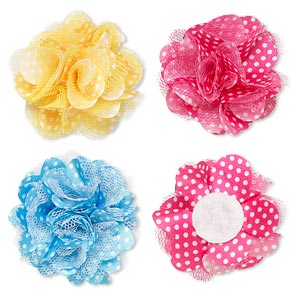 Embellishment, polyester chiffon and felt, assorted colors, 2-inch flower with polka dots. Sold per pkg of 12.