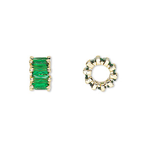 Bead, cubic zirconia and gold-plated brass, emerald, 10.5x6mm rondelle. Sold per pkg of 2.