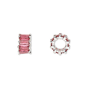 Bead, cubic zirconia and silver-plated brass, fuchsia, 10.5x6mm rondelle. Sold per pkg of 2.