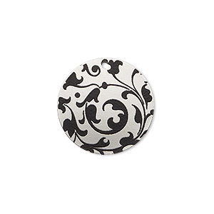 Drop, imitation rhodium-finished carbon steel, black, 20mm single-sided round with vine design. Sold per pkg of 4.