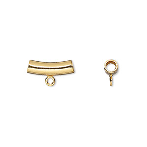 Bead, gold-plated brass, 14x5mm curved tube with loop. Sold per pkg of 10.