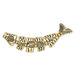 Bead, antique gold-plated &quot;pewter&quot; (zinc-based alloy), 43x9mm double-sided fish. Sold per 6-piece set.