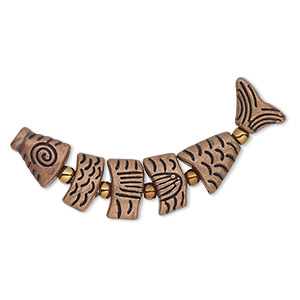 Bead, antique copper-plated &quot;pewter&quot; (zinc-based alloy), 43x9mm double-sided fish. Sold per 6-piece set.
