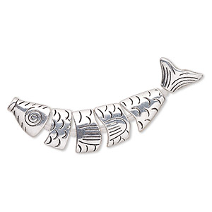 Bead, antique silver-plated &quot;pewter&quot; (zinc-based alloy), 76x19mm double-sided fish. Sold per 6-piece set.