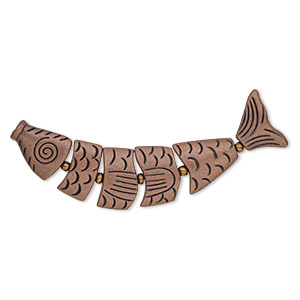 Bead, antique copper-plated &quot;pewter&quot; (zinc-based alloy), 76x19mm double-sided fish. Sold per 6-piece set.