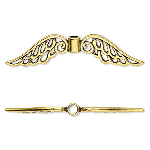Bead, antique gold-finished &quot;pewter&quot; (zinc-based alloy), 53x13mm double-sided angel wing with cutout. Sold per pkg of 4.