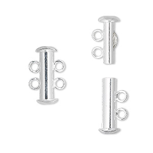 Clasp, 2-strand slide lock, silver-plated brass, 16x6mm tube. Sold per pkg of 100.
