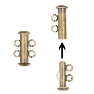 Clasp, 2-strand slide lock, antique gold-plated brass, 16x6mm tube. Sold per pkg of 4.