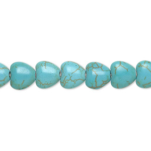 Bead, magnesite (dyed / stabilized), blue-green, 7x7mm-8x8mm puffed heart, C grade, Mohs hardness 3-1/2 to 4. Sold per 15-inch strand.