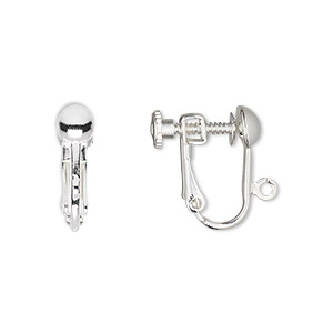 Earring, clip-on, silver-plated brass, 15mm hinged screwback with 5mm half ball and open loop. Sold per pkg of 50 pairs.