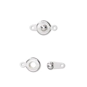 Clasp, button, silver-plated brass, 7.5mm round. Sold per pkg of 10.