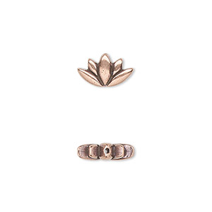 Bead, TierraCast&reg;, antique copper-plated pewter (tin-based alloy), 12x7mm lotus with renewal theme. Sold per pkg of 4.