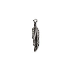 Charm, gunmetal-plated brass, 18x4mm single-sided feather. Sold per pkg of 100.