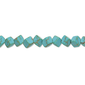 Bead, magnesite (dyed / stabilized), blue-green, 4mm diagonally drilled cube, C grade, Mohs hardness 3-1/2 to 4. Sold per 15-inch strand.