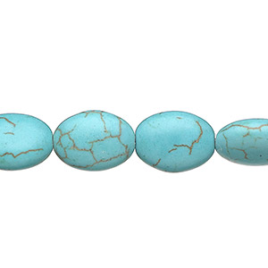 Bead, magnesite (dyed / stabilized), blue-green, 13x10mm-14x10mm puffed oval, C grade, Mohs hardness 3-1/2 to 4. Sold per 15-inch strand.
